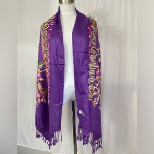 Purple Floral Embroidery Cashmere Pashimina Scarf Shaul Made in Jerusalem